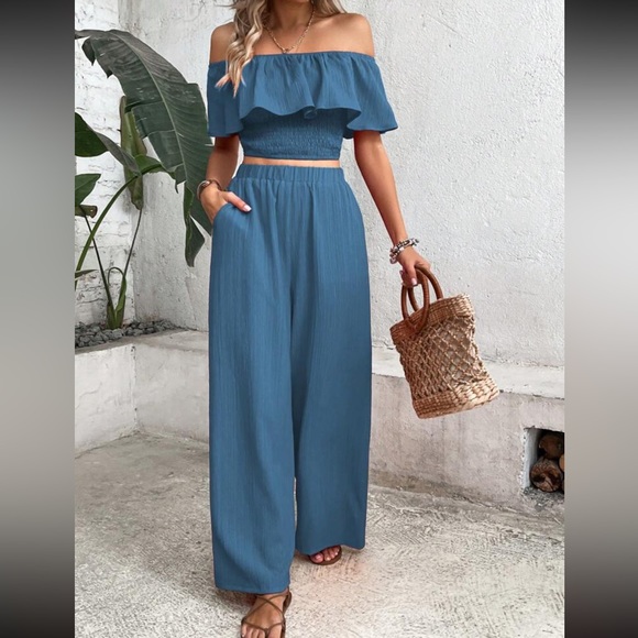 Boho off shoulder crop top and wide leg pants